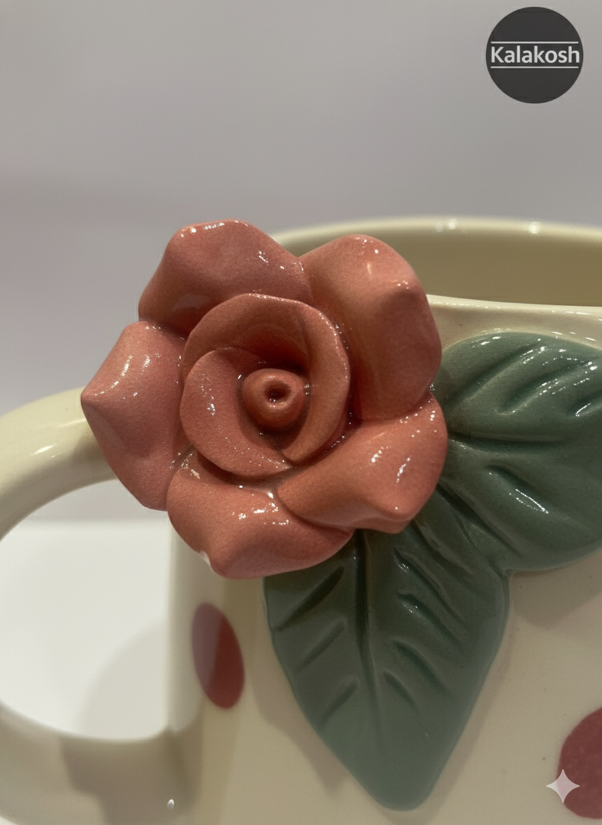 Handmade Ceramic Coffee Tea Mug – Elegant Polka Dot Design with 3D Rose – Ideal Home Decor, Office Use, and Unique Gifting