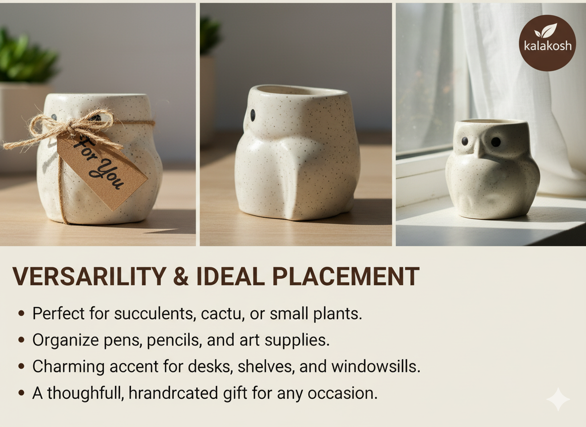 Handcrafted Owl Ceramic Planter & Pen Holder for Desk Décor | Speckled Clay Planters for Home Office | Artisan Eco-Friendly Succulent Pot Gift