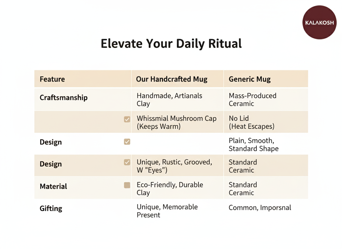 Handcrafted Ceramic Mushroom Coffee Mug with Lid | Eco-Friendly Clay Mugs for Home & Office Use | Unique Artisanal Tea Cup Gift