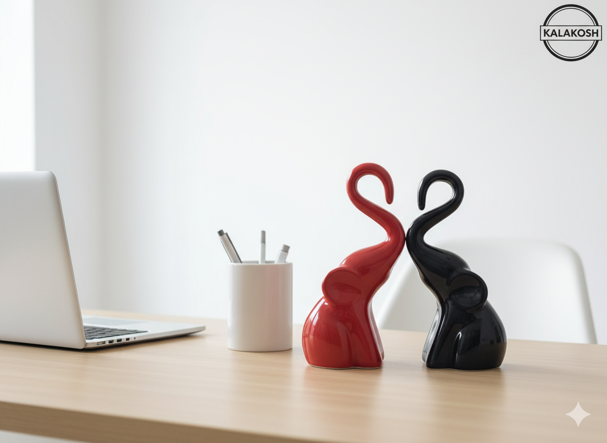 Artisanal Ceramic Elephant Planters Pair | Rustic Home Decor & Office Table Showpiece | Eco-Friendly Clay Figurine for Gifting | Black & Red