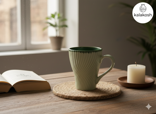 Premium Ceramic Coffee Mug for Home and Office Use - 350ml Fluted Tea Cup for Kitchen & Dining - Aesthetic Drinkware for Hot Beverages - Elegant Home Decor Gift Item (Sage & Forest Green)