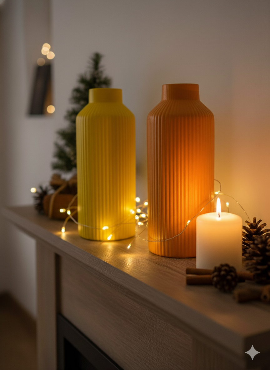 Premium Bottle Shape Home Decor Vase Combo | Yellow & Orange Ribbed Clay Vases for Living Room Table Decor, Home & Office Use, Aesthetic Gifting