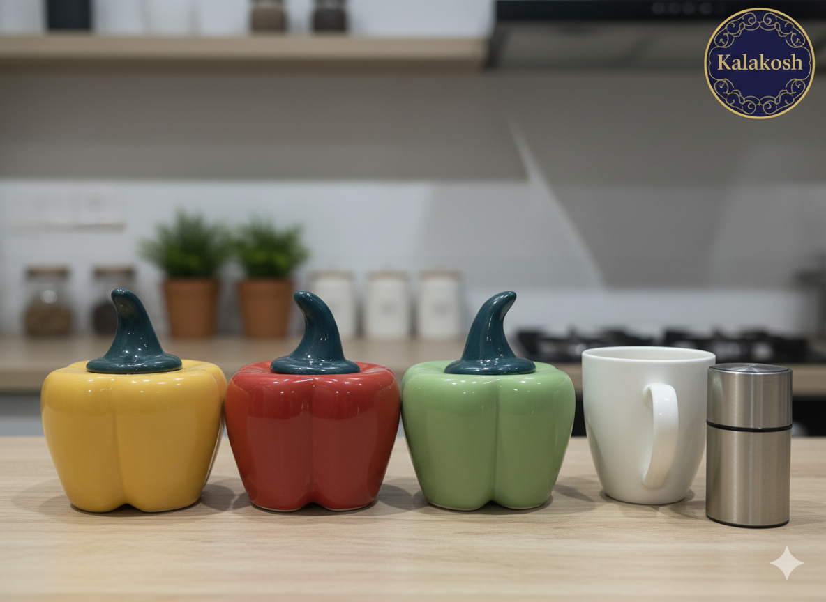 Premium Ceramic Pickle Jar Container Set of 3 | Bell Pepper Design | Home Décor Vase for Kitchen & Dining | Office Use Storage | Multipurpose Home Use Set