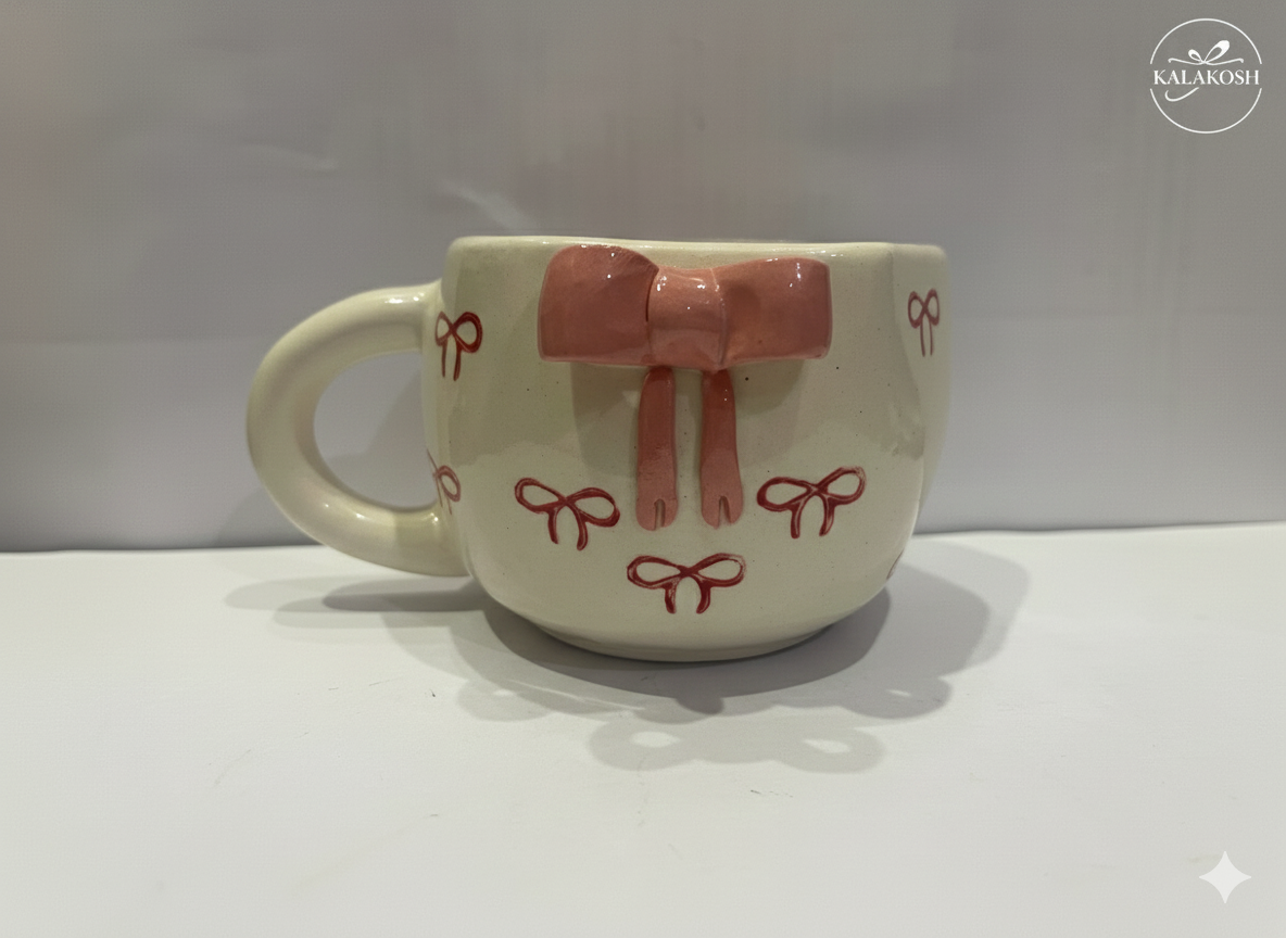 Premium Ceramic Coffee Mug with 3D Pink Bow Design – Aesthetic Tea Cup for Home Decor Vase Use, Office Use & Gifting – Cute Hand-Painted Stoneware Drinkware for Living Room & Kitchen Decor
