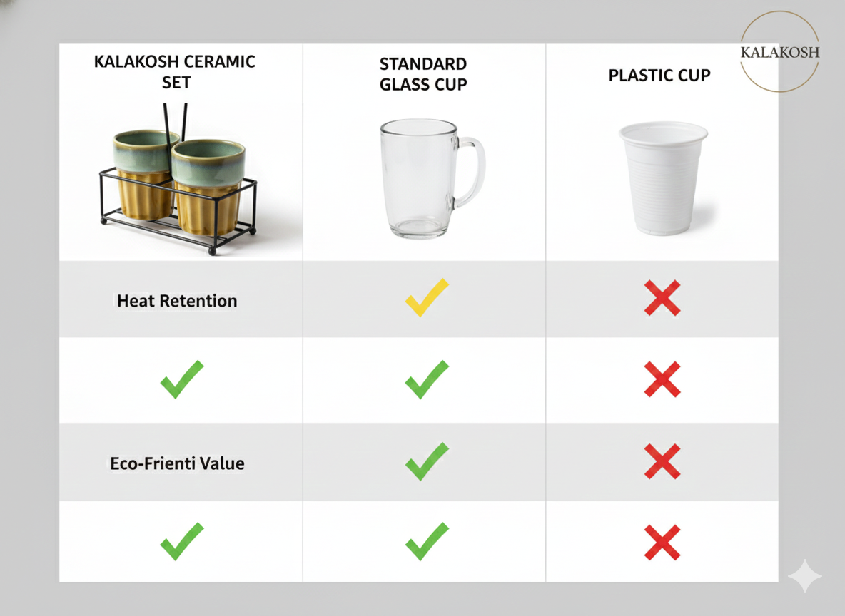 Premium Ceramic Cutting Chai & Coffee Cup Set with Metal Carrier Stand (Set of 2) – Handcrafted Dual-Tone Kullad Mugs for Home Decor, Kitchen, Office Use & Gifting – Elegant Home Decor Vase Style