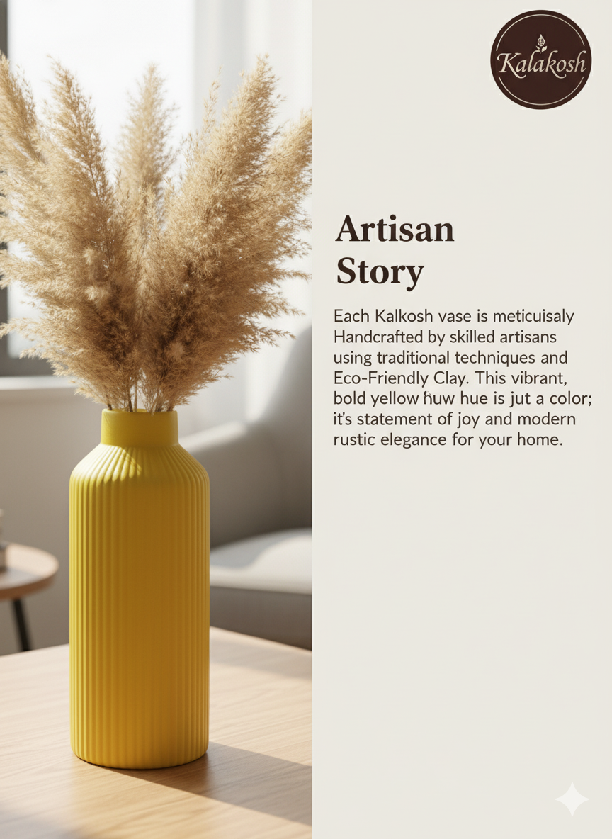 Handcrafted Yellow Fluted Ceramic Planter | Eco-Friendly Clay Vase for Rustic Home & Office Decor | Artisan Table Centerpiece | Unique Gifting