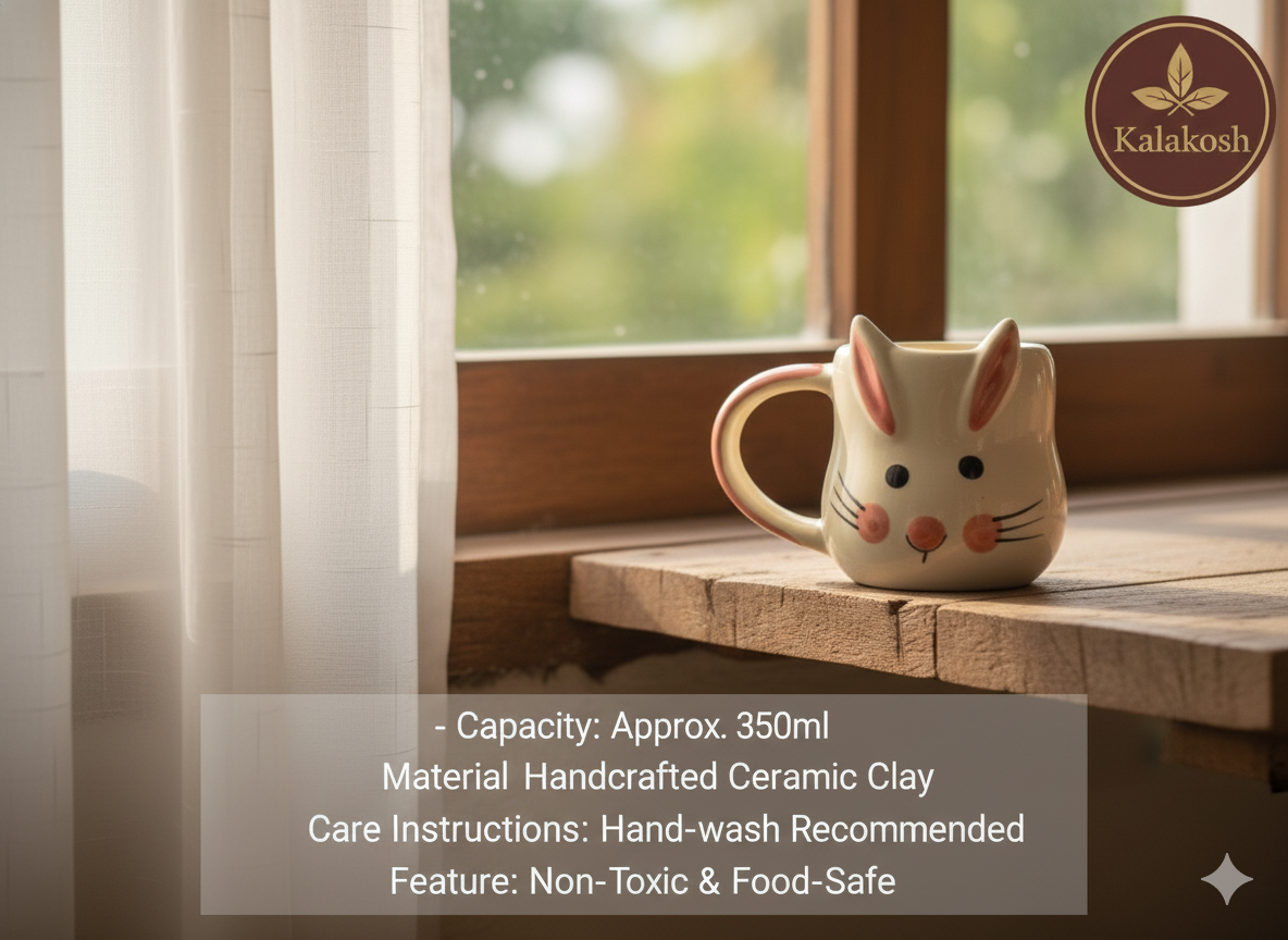 Handcrafted Ceramic Mug | Eco-Friendly Clay Mugs for Coffee & Tea | Rustic Home & Office Use | Artisanal Cute Rabbit Design