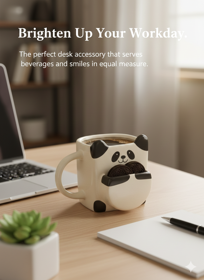 Ceramic Panda Coffee Mug with Biscuit Holder Pocket, Cute Animal Tea Cup for Home Decor & Office Desk Use, Unique Novelty Gift for Kids & Adults, Cookie Dunking Slot