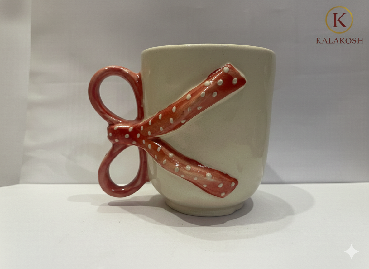 Handmade Ceramic Coffee Mug with Red Polka Dot 3D Bow Handle - Aesthetic Tea Cup for Home Decor Vase, Office Use & Gifting - Unique Coquette Ribbon Design Pottery - Off-White & Red (300ml)