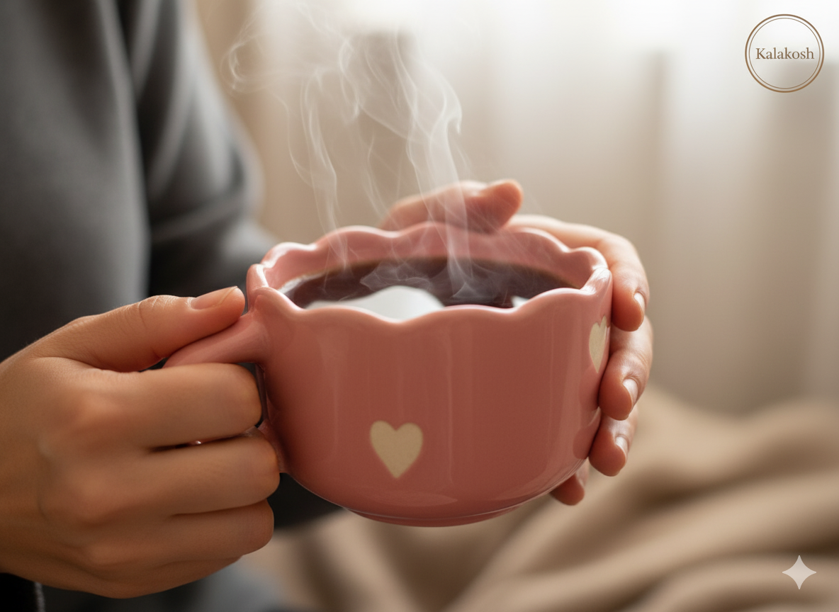 Handcrafted Pink Ceramic Coffee Mugs (Set of 1) with Heart Design | Eco-Friendly Clay Mugs for Home & Office Use | Rustic Artisanal Tea