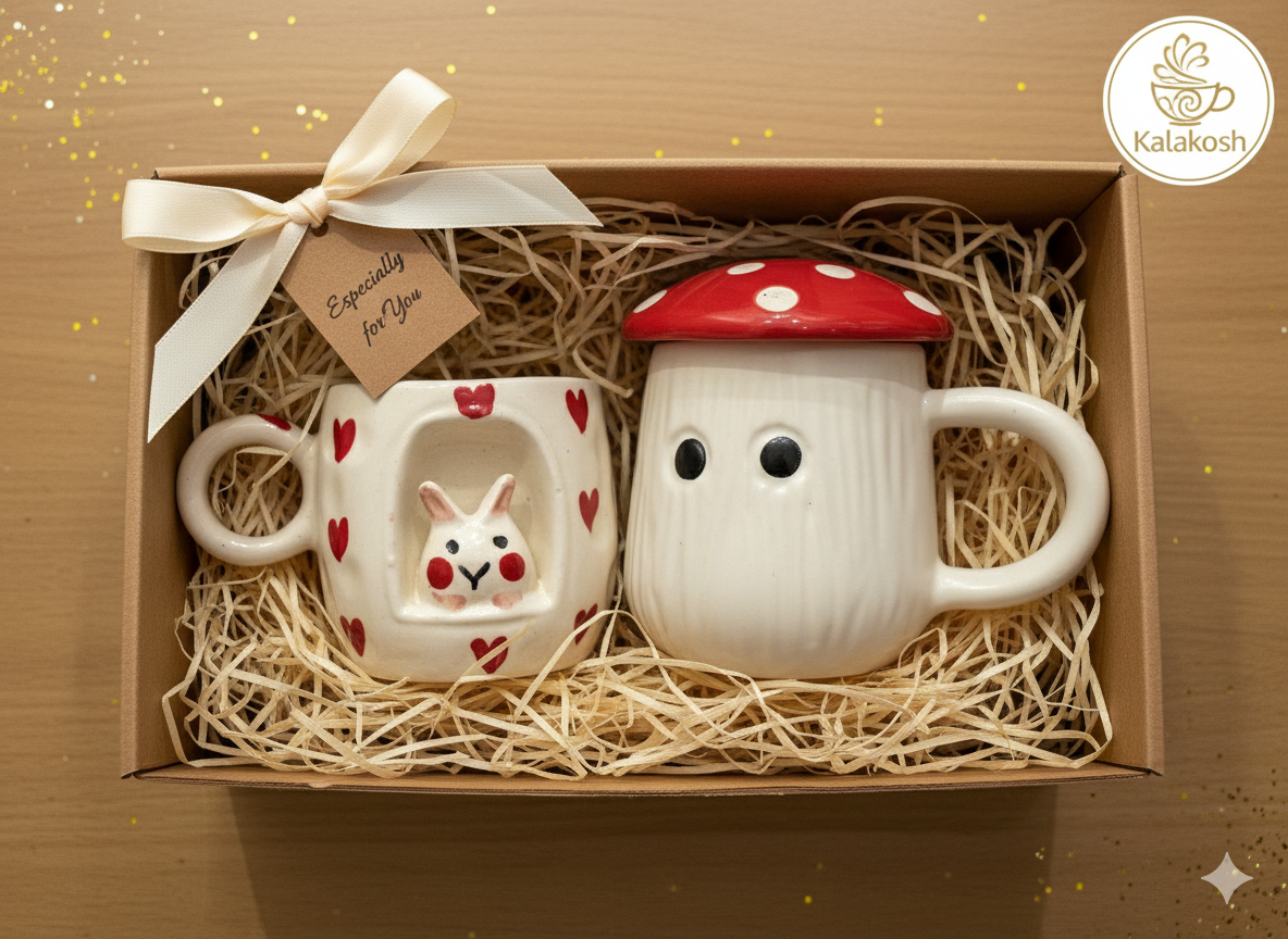 Whimsical Ceramic Coffee/Tea Mug Set Combo - 2 Cute Mugs with Lid | Kawaii Bunny & Mushroom Design | Home Decor, Office Use, Unique Gifting Item