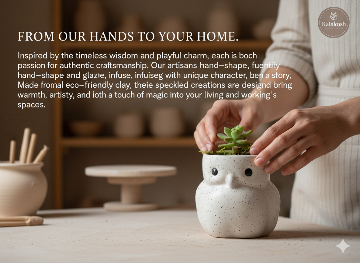 Handcrafted Owl Ceramic Planter & Pen Holder for Desk Décor | Speckled Clay Planters for Home Office | Artisan Eco-Friendly Succulent Pot Gift