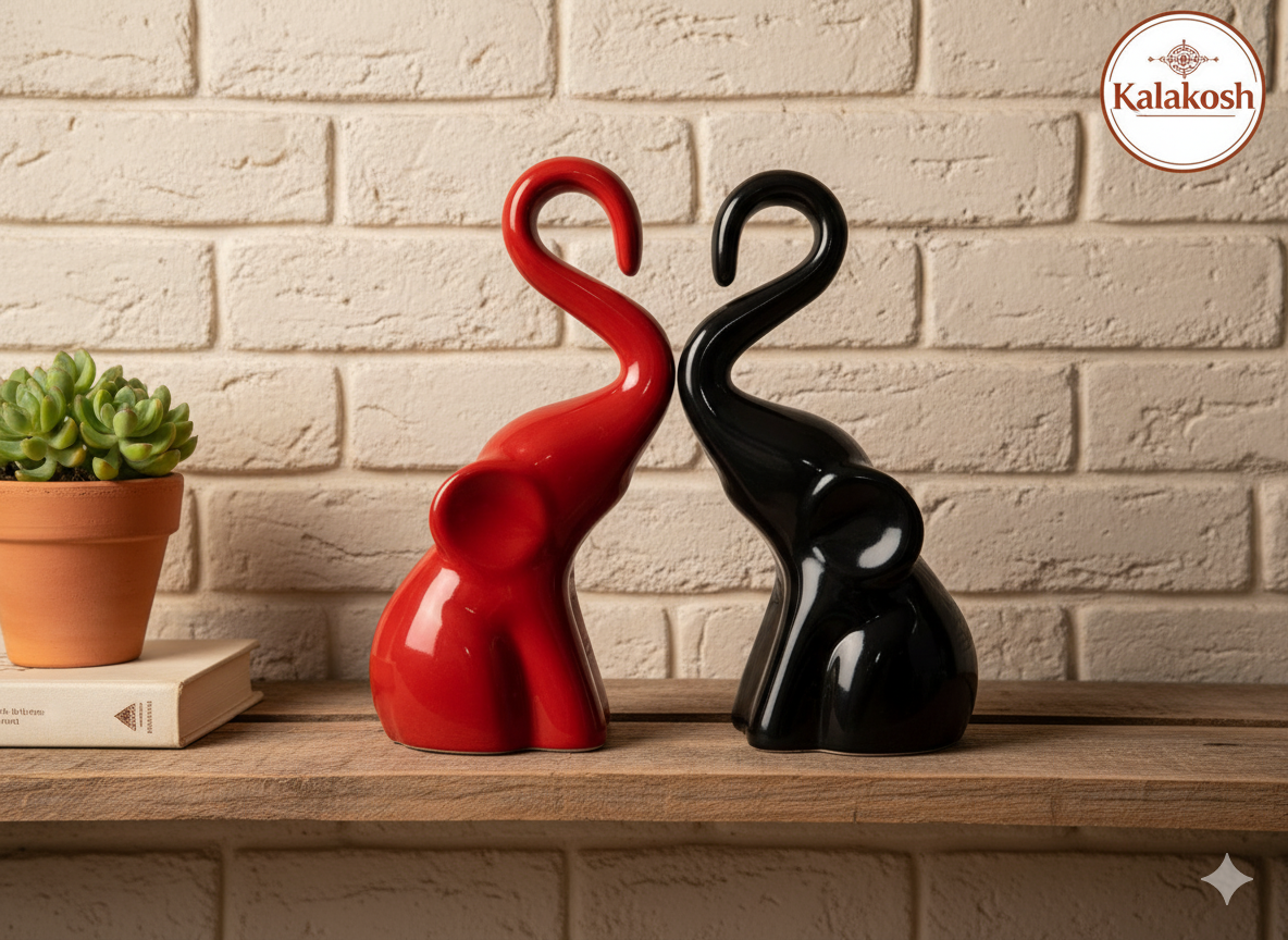 Artisanal Ceramic Elephant Planters Pair | Rustic Home Decor & Office Table Showpiece | Eco-Friendly Clay Figurine for Gifting | Black & Red