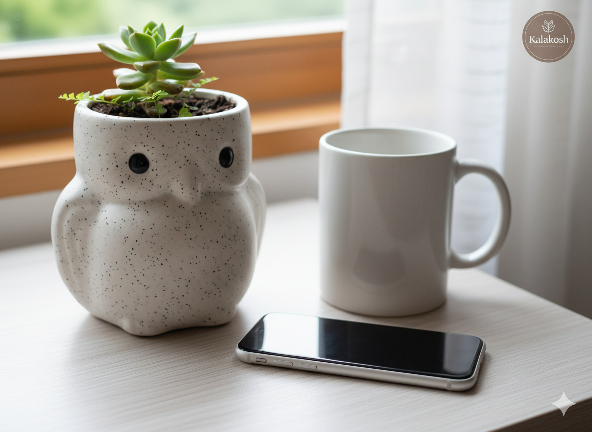Handcrafted Owl Ceramic Planter & Pen Holder for Desk Décor | Speckled Clay Planters for Home Office | Artisan Eco-Friendly Succulent Pot Gift
