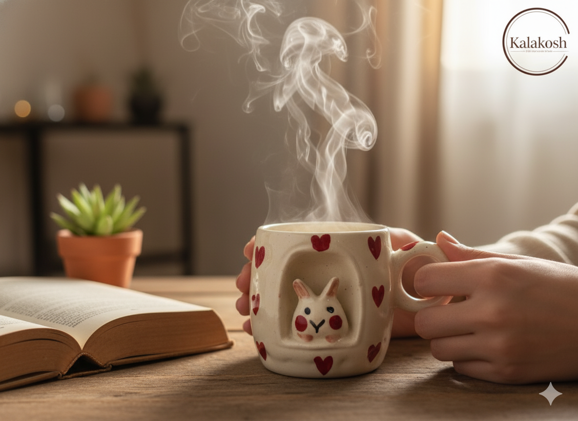 Handcrafted Ceramic Mugs for Home & Office Use | Eco-Friendly Clay Coffee & Tea Mug | Rustic Bunny Heart Design | Artisanal Gift for Loved Ones