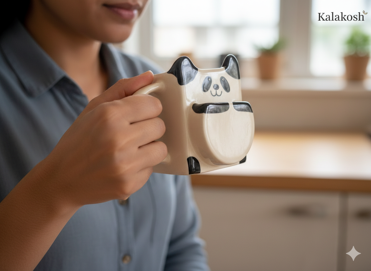 Ceramic Panda Coffee Mug with Biscuit Holder Pocket, Cute Animal Tea Cup for Home Decor & Office Desk Use, Unique Novelty Gift for Kids & Adults, Cookie Dunking Slot