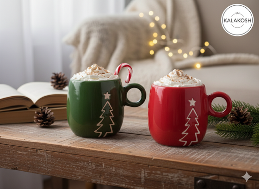 Christmas Home Decor Mugs Combo Set of 2 | Red & Green Ceramic Coffee Tea Cups | Festive Home & Office Use | Unique Holiday Gifting