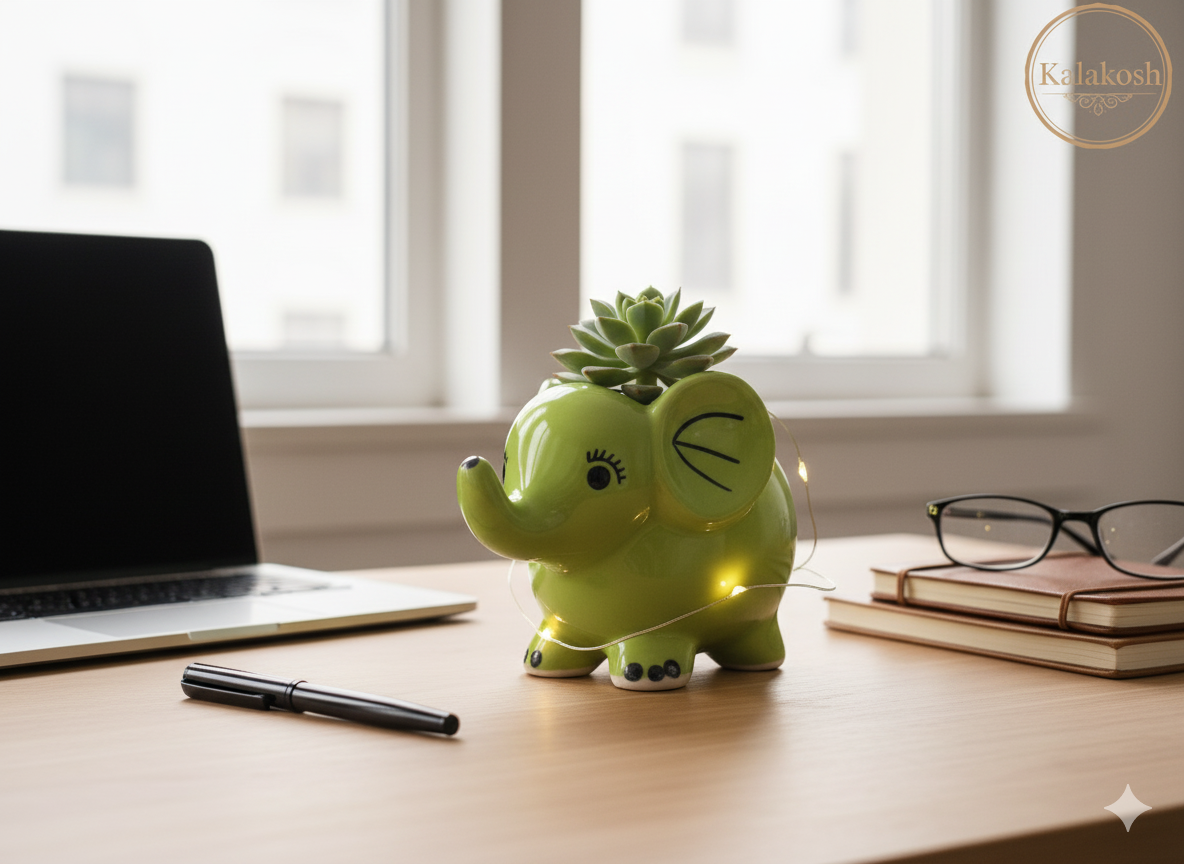 Charming Green Elephant Ceramic Planter Pot | Home Decor Vase for Plants & Succulents | Ideal for Home Use, Office Use, Table Top & Gifting