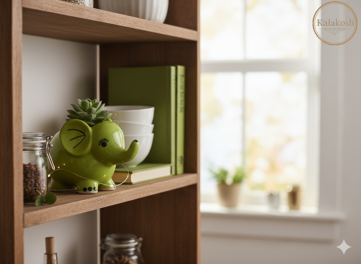 Charming Green Elephant Ceramic Planter Pot | Home Decor Vase for Plants & Succulents | Ideal for Home Use, Office Use, Table Top & Gifting