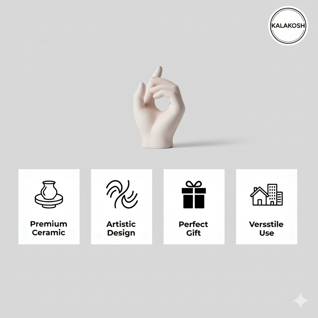 Modern Hand Sculpture Home Decor Vase | Glossy White Ceramic for Flowers, Office Use, Home Use, Table Centerpiece | Unique Artistic Gift