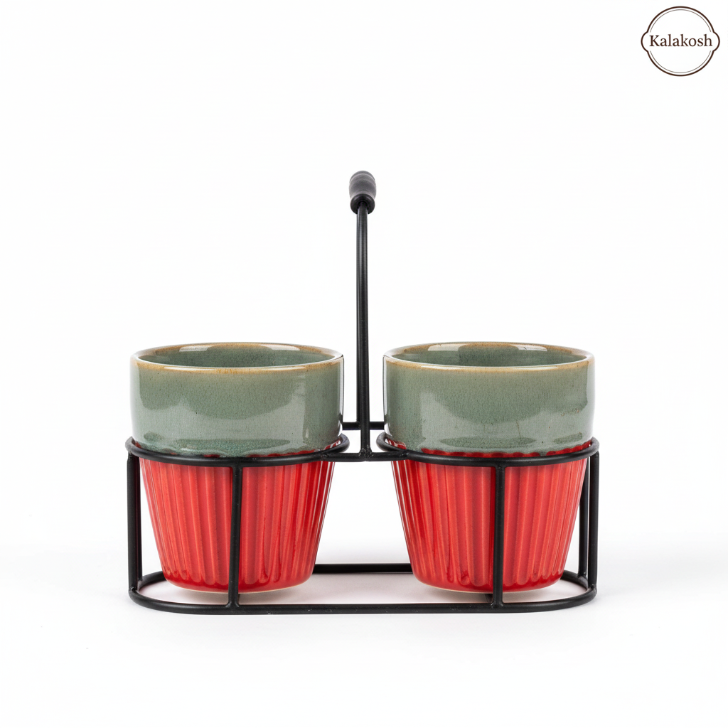 Premium Ceramic Tea and Coffee Cup Set of 2 with Iron Carrier Stand | Handcrafted Red & Grey Ombre Kulhad Set for Home Decor, Office & Gifting | Elegant Microwave Safe Morning Cutting Chai Cups