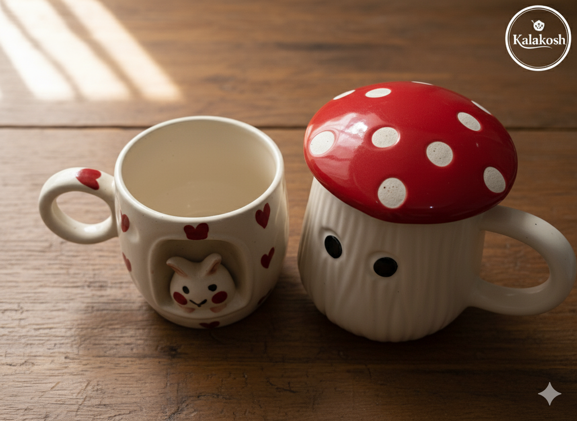 Whimsical Ceramic Coffee/Tea Mug Set Combo - 2 Cute Mugs with Lid | Kawaii Bunny & Mushroom Design | Home Decor, Office Use, Unique Gifting Item