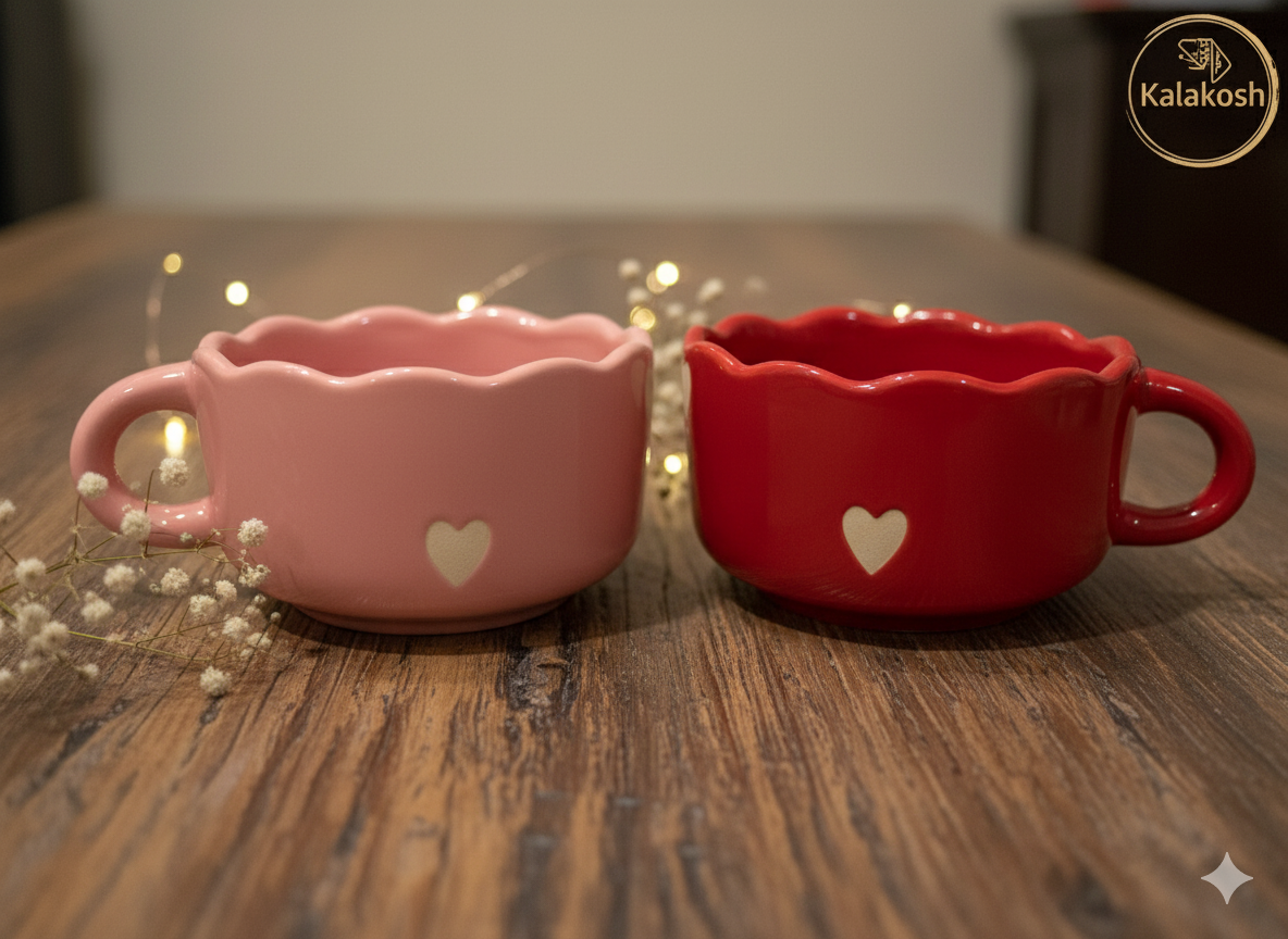 Premium Ceramic Coffee/Tea Mug Set Combo | 2-Piece Pink & Red Heart Design | Ideal for Home Decor, Office Use, and Gifting