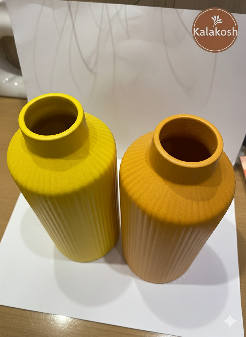 Premium Bottle Shape Home Decor Vase Combo | Yellow & Orange Ribbed Clay Vases for Living Room Table Decor, Home & Office Use, Aesthetic Gifting