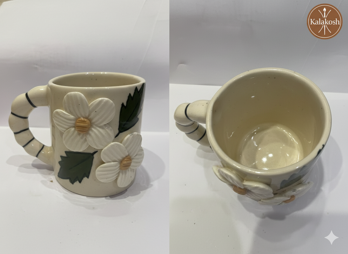 Handcrafted Ceramic Coffee Tea Mug – Home Decor, Office Use, Unique Clay Earthenware, Floral & Leaf Design – Premium Gifting