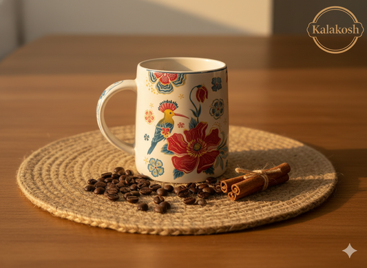 Elegant Hoopoe Bird & Floral Art Premium Ceramic Coffee Mug for Home & Office Use - 330ml Tea Cup for Gift, Living Room Decor, and Kitchen - Large Designer Milk Mug (Multi-Color)