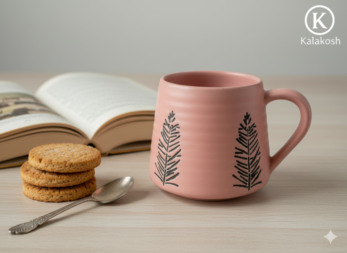 Handcrafted Terracotta Clay Coffee Mug | Pink Aesthetic | Black Fern Leaf Design | Rustic Home Decor & Office Use Tea Cup | Unique Gifting