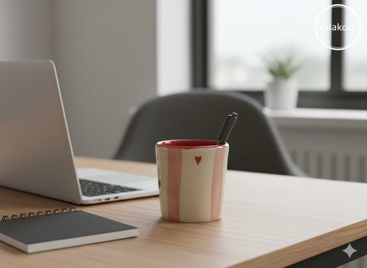 Hand-Painted Ceramic Coffee Mug without Handle - Striped Heart Design Tea Cup for Home Decor Vase, Kitchen & Office Use - Unique Aesthetic Milk Tumbler, Ideal for Gifting & Home Decor (Red & Cream)