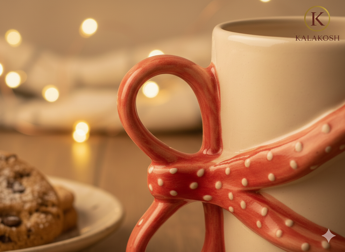 Handmade Ceramic Coffee Mug with Red Polka Dot 3D Bow Handle - Aesthetic Tea Cup for Home Decor Vase, Office Use & Gifting - Unique Coquette Ribbon Design Pottery - Off-White & Red (300ml)