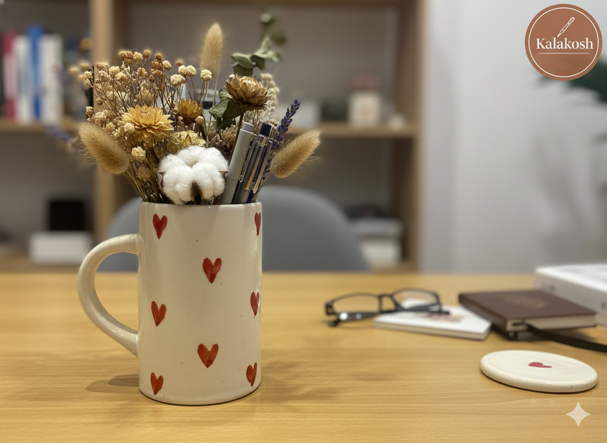 Handmade Ceramic Coffee Mug with Lid - Red Heart Pattern | Premium Tea Cup for Home Decor Office Use Gifting | Home Use Home Decor Vase Style
