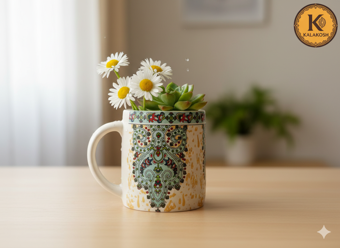 Premium Ceramic Coffee Mug with Turkish Iznik Art Design – 350ml Tea Cup for Home Decor, Office Use & Gifting – Elegant Home Decor Vase Style Drinkware for Hot/Cold Beverages (White & Turquoise)