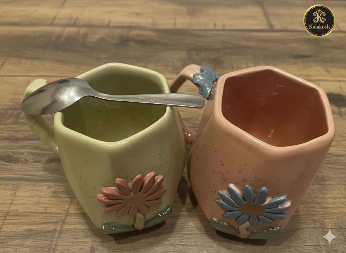 Handcrafted Floral Ceramic Coffee Mugs (Set of 2) | Rustic Home Decor & Office Use | Unique Gift for Tea Lovers | Terracotta Style Cups