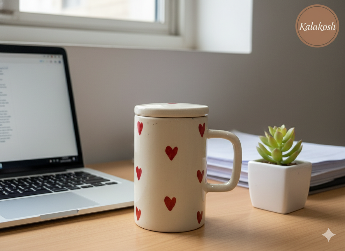 Handmade Ceramic Coffee Mug with Lid - Red Heart Pattern | Premium Tea Cup for Home Decor Office Use Gifting | Home Use Home Decor Vase Style