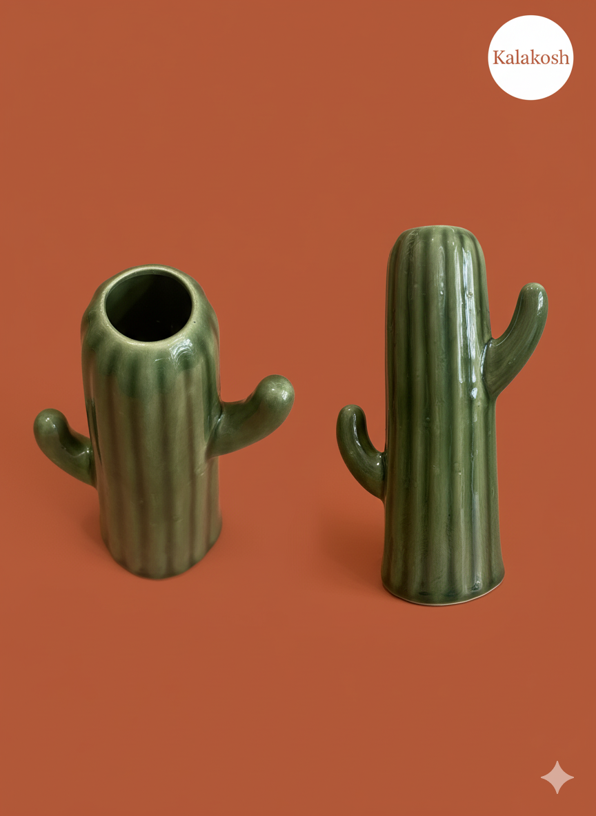Handcrafted Ceramic Cactus Planter for Desk, Home & Office Décor | Eco-Friendly Clay Pot & Stationary Organizer | Rustic Table Décor Gift