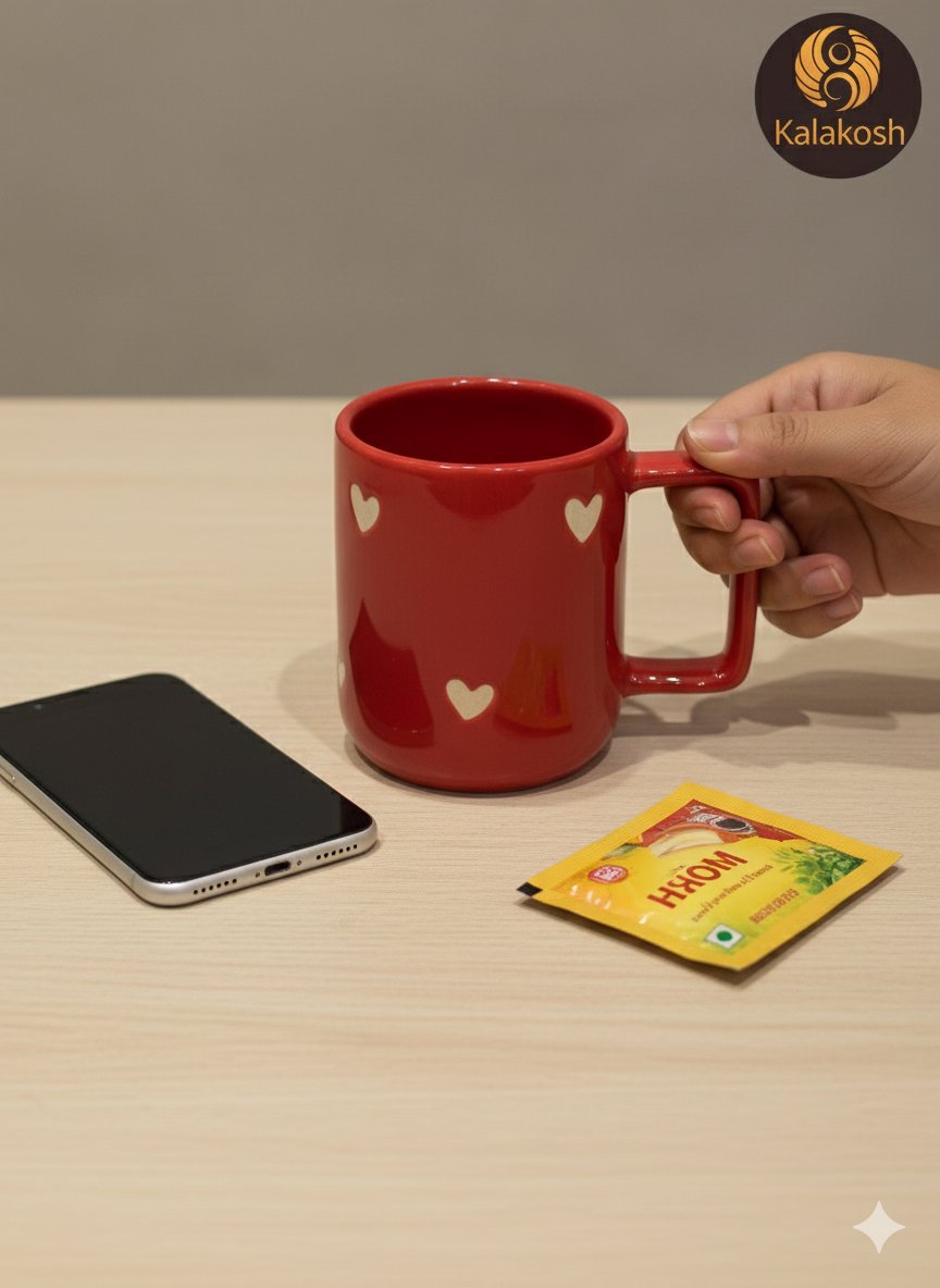 Premium Red Ceramic Coffee Tea Mug for Home Decor, Office Use, and Gifting | Cute Heart Design, Glossy Finish, 300ml | Ideal Home Use Kitchenware, Festive Home Decor Vase