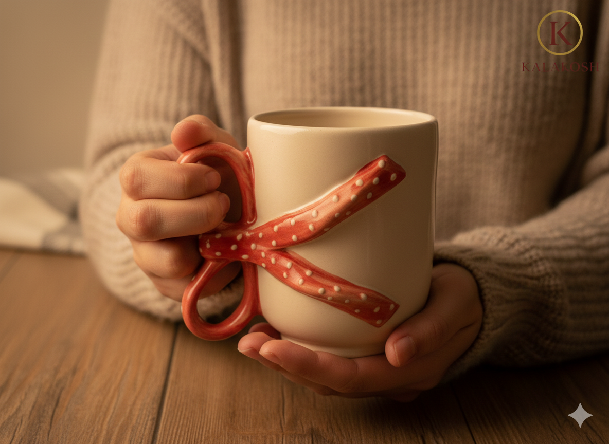 Handmade Ceramic Coffee Mug with Red Polka Dot 3D Bow Handle - Aesthetic Tea Cup for Home Decor Vase, Office Use & Gifting - Unique Coquette Ribbon Design Pottery - Off-White & Red (300ml)