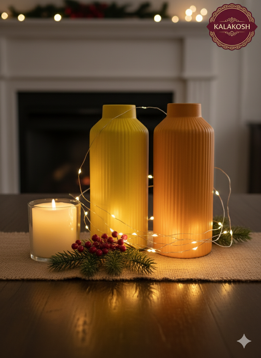 Premium Bottle Shape Home Decor Vase Combo | Yellow & Orange Ribbed Clay Vases for Living Room Table Decor, Home & Office Use, Aesthetic Gifting