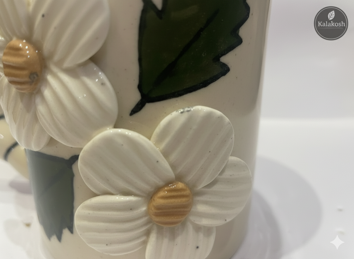 Handcrafted Ceramic Coffee Tea Mug – Home Decor, Office Use, Unique Clay Earthenware, Floral & Leaf Design – Premium Gifting