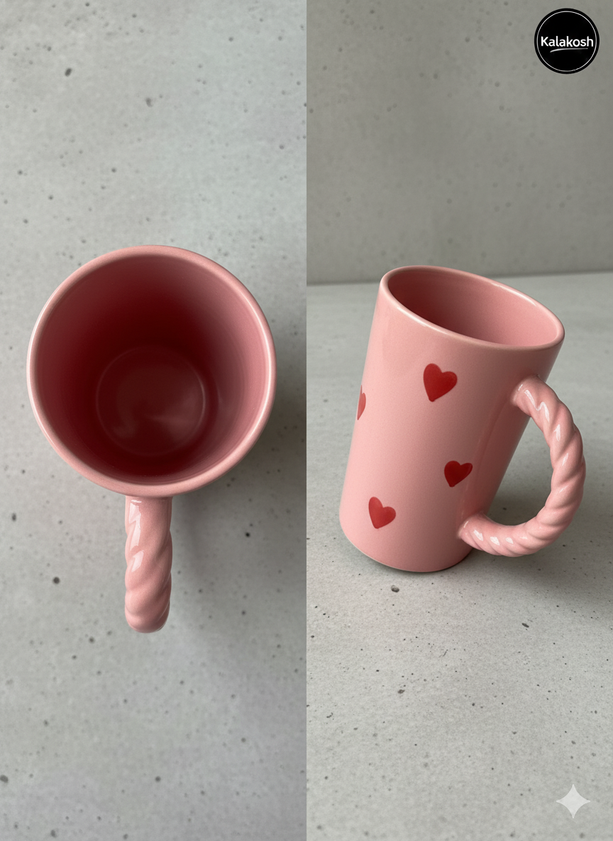Aesthetic Pink Coffee Mug with Twisted Rope Handle - Ceramic Tea Cup for Home Decor, Office Use, Home Use, Valentine's Day Gift for Women, Girlfriend, Wife