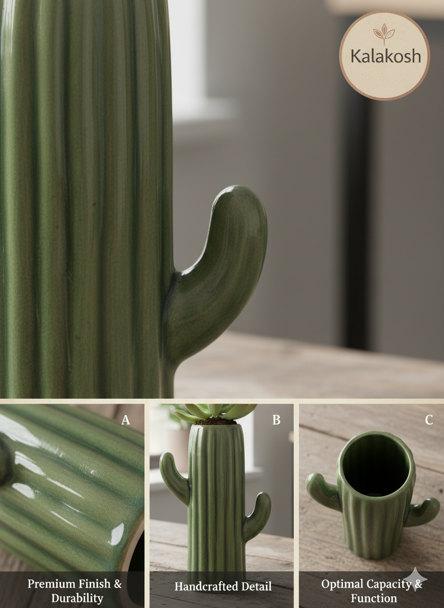 Handcrafted Ceramic Cactus Planter for Desk, Home & Office Décor | Eco-Friendly Clay Pot & Stationary Organizer | Rustic Table Décor Gift