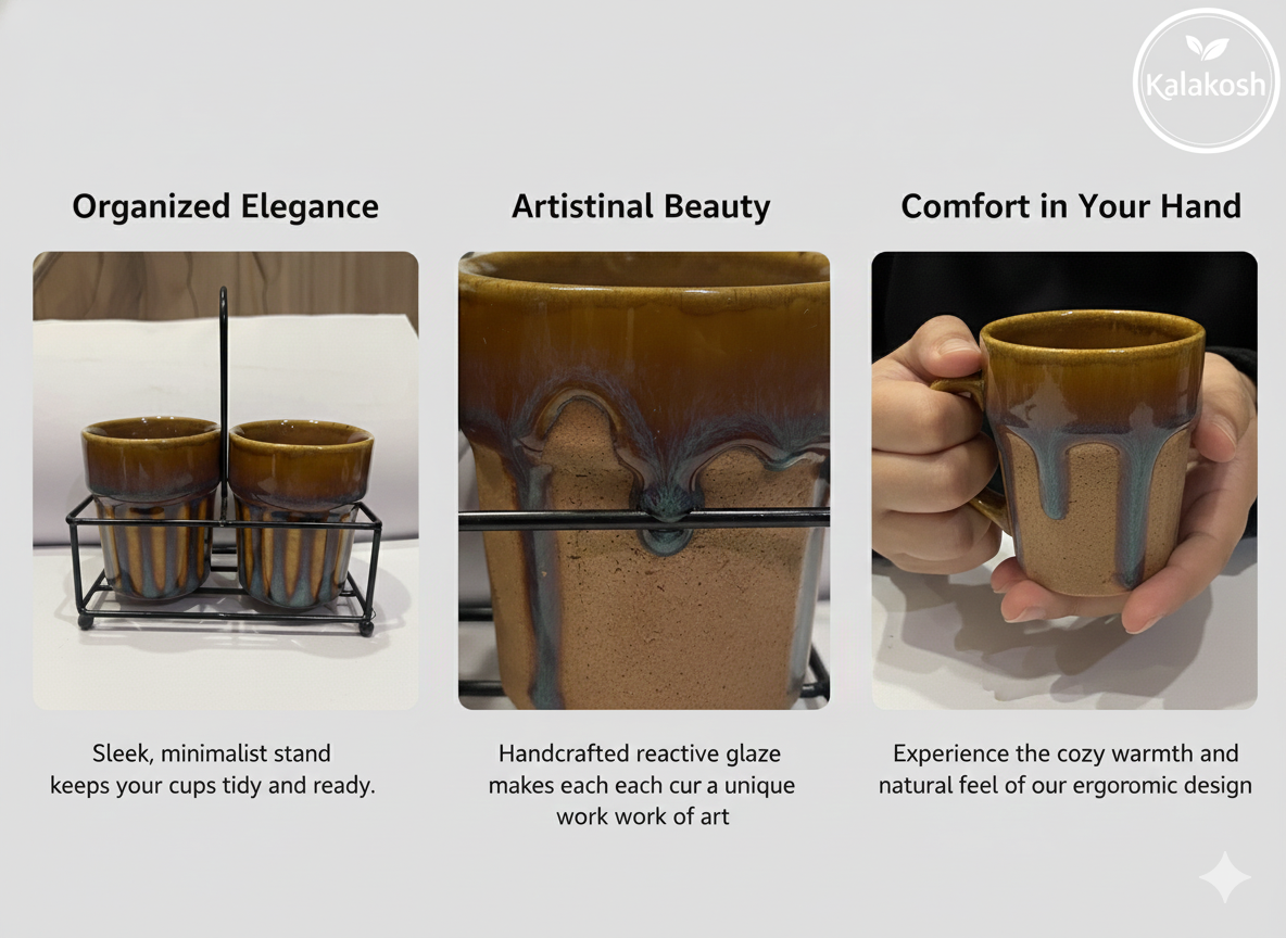 Premium Ceramic Tea & Coffee Cup Set of 2 with Metal Carrier Stand | Handcrafted Earthy Glaze Kulhad Mugs for Home Decor, Office Use & Kitchen | Rustic Aesthetic Studio Pottery Gift Set