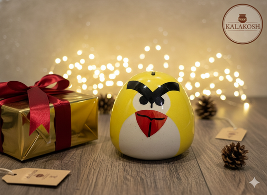 Angry Bird Inspired Ceramic Money Bank for Kids & Adults - Premium Handcrafted Glossy Gullak for Home Decor, Office Desk & Gifting - Cute Bird Figurine Coin Box (Yellow & White)