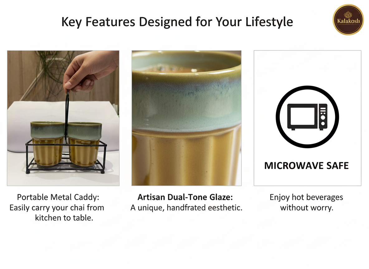 Premium Ceramic Cutting Chai & Coffee Cup Set with Metal Carrier Stand (Set of 2) – Handcrafted Dual-Tone Kullad Mugs for Home Decor, Kitchen, Office Use & Gifting – Elegant Home Decor Vase Style