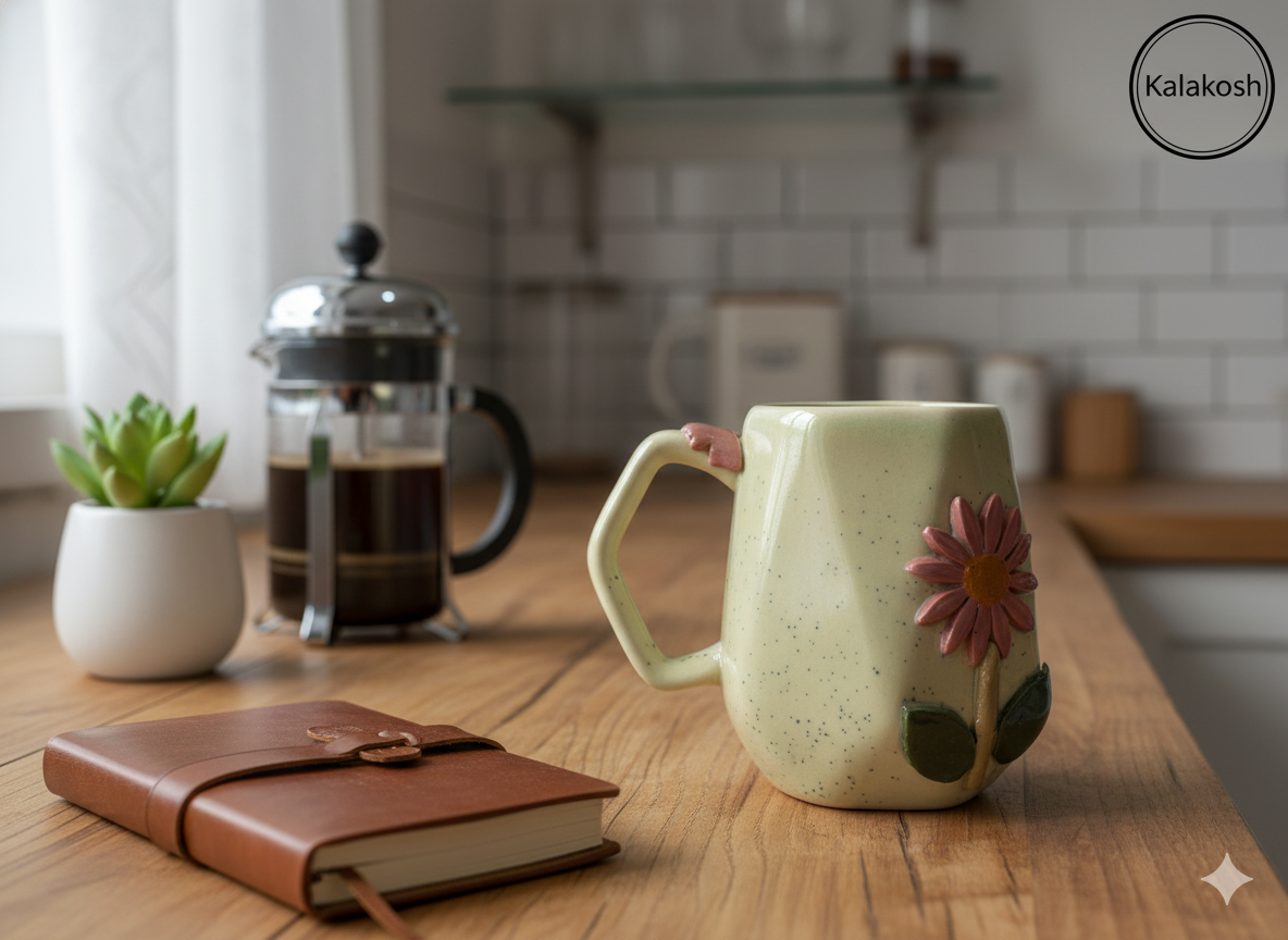 Handcrafted Floral Ceramic Coffee Mug | Home Decor Vase | Office Use Tea Cup | Premium Artisan Glaze for Home Use & Gifting