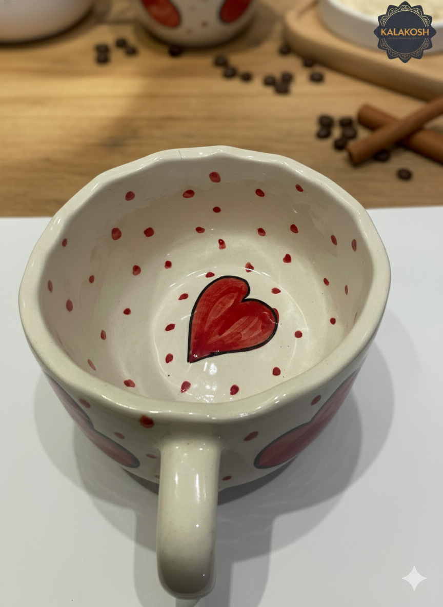 Stackable Ceramic Coffee/Tea Mug Combo Set of 2 | Hand-Painted Red Hearts | Premium Kitchenware | Home Decor Office Use Gifting