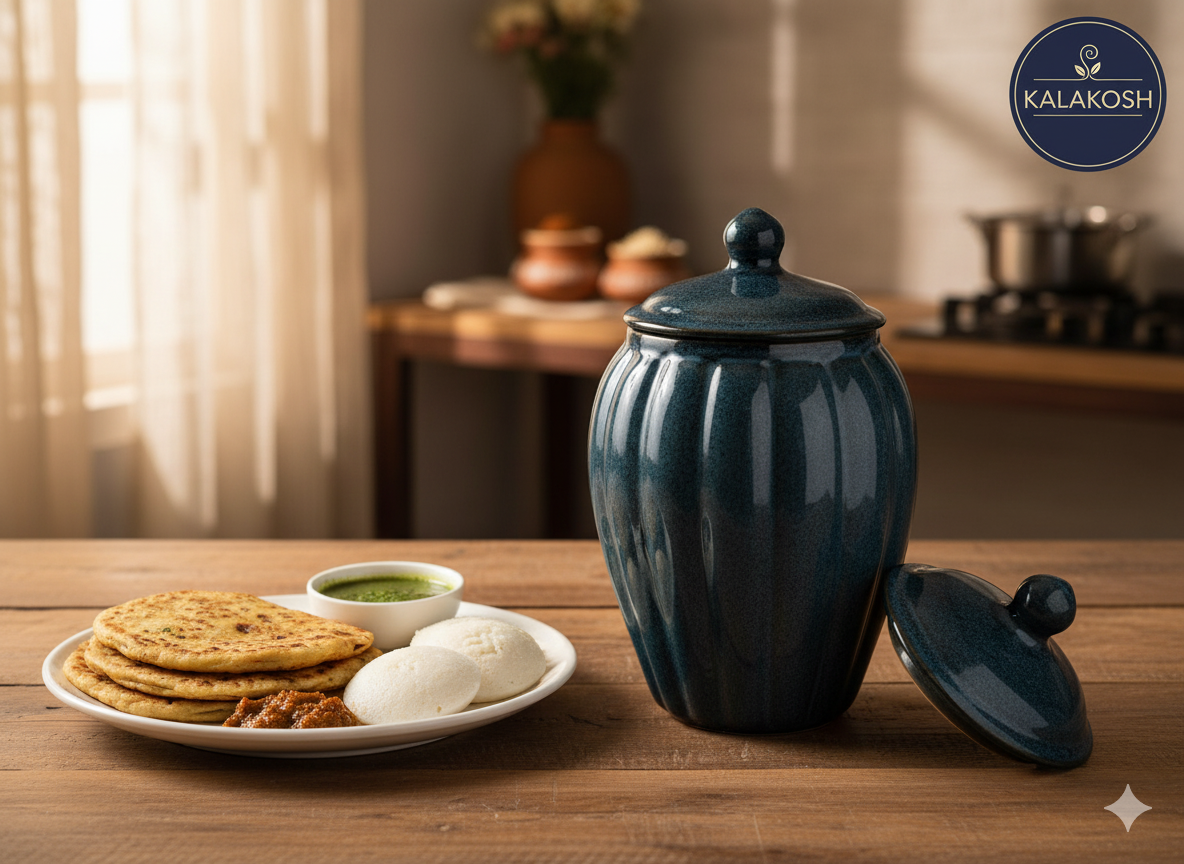 Premium Ceramic Pickle Jar Container with Lid | Home Decor Vase | Multipurpose Storage for Kitchen, Dining, Office Use & Gifting | Handcrafted Blue Glaze